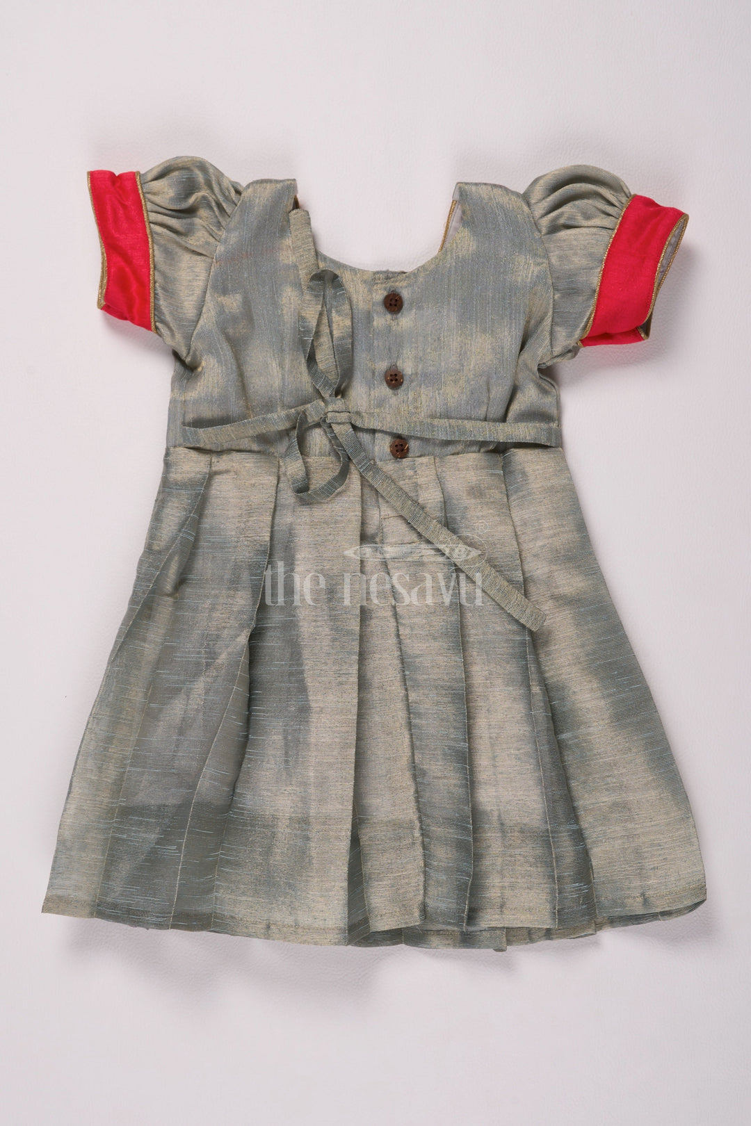 The Nesavu Silk Frock Adorable Grey and Red Pattu Pavadai Frock for Girls in Silver Tissue Nesavu Nesavus Grey Red Pattu Pavadai Frock Girls Silver Tissue Elegance