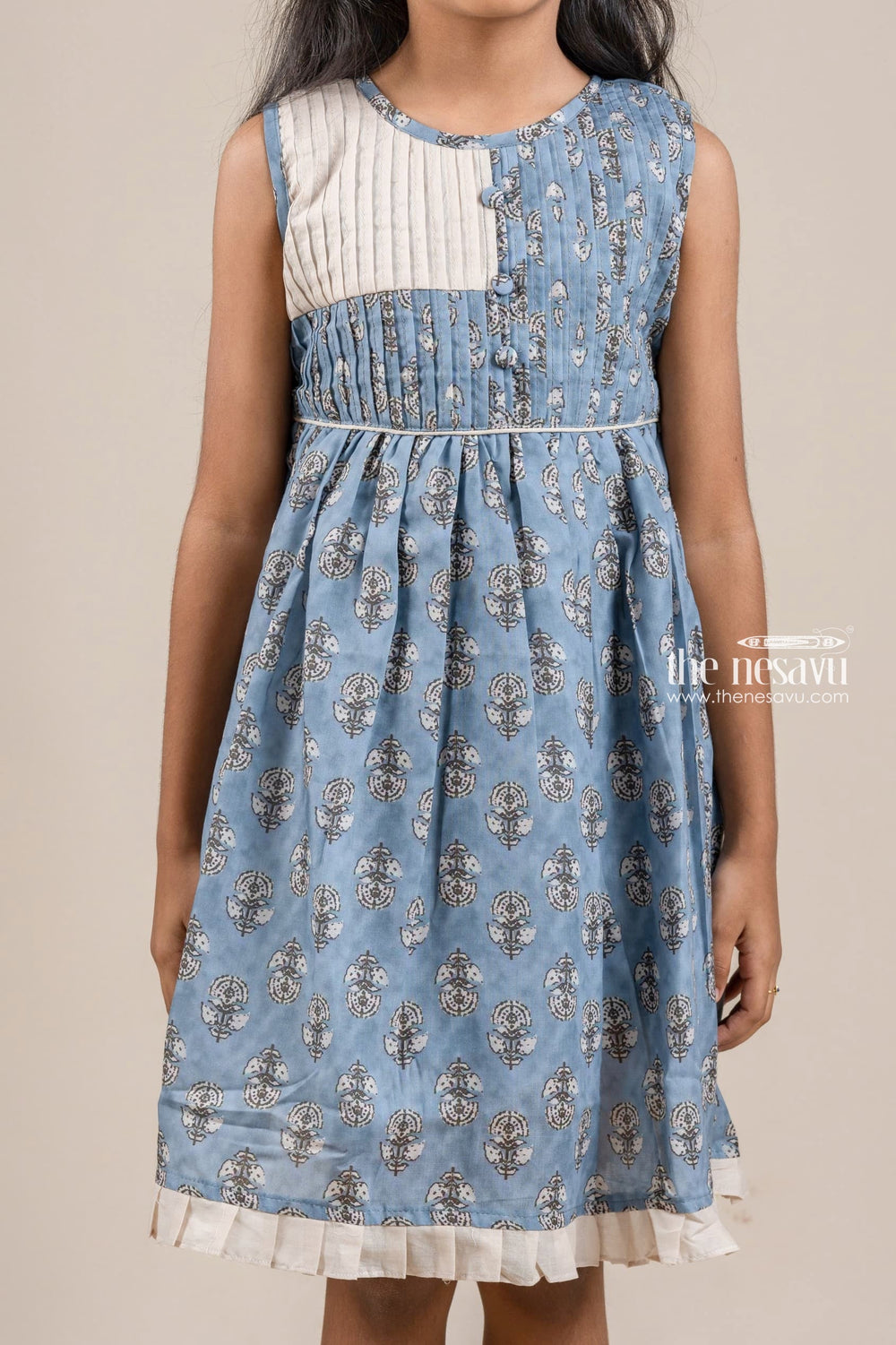 The Nesavu Girls Fancy Frock Adorable Hand Block Printed Sleeveless Blue Cotton Frock with Embellished Potli Button for Girls Nesavu Hand Block Printed Cotton Frock | Latest Cotton Frock | The Nesavu