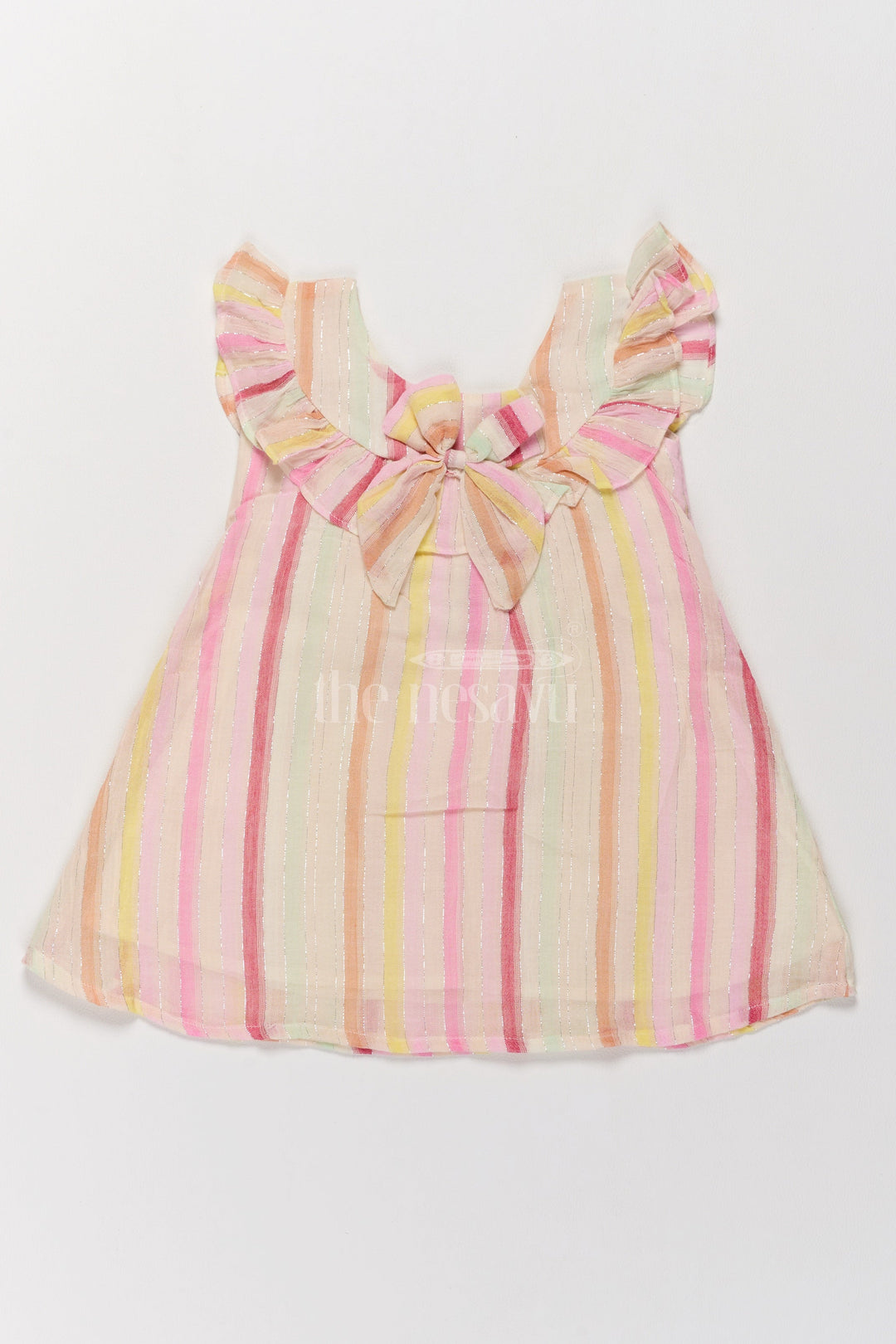 The Nesavu Girls Cotton Frock Adorable Handmade Cotton Frock with Pastel Stripes and Bow Accent Nesavu 16 (1Y) / Multicolor GFC1477A-16 Handmade Girls Cotton Frock Pastel Stripes Bow  Nesavu