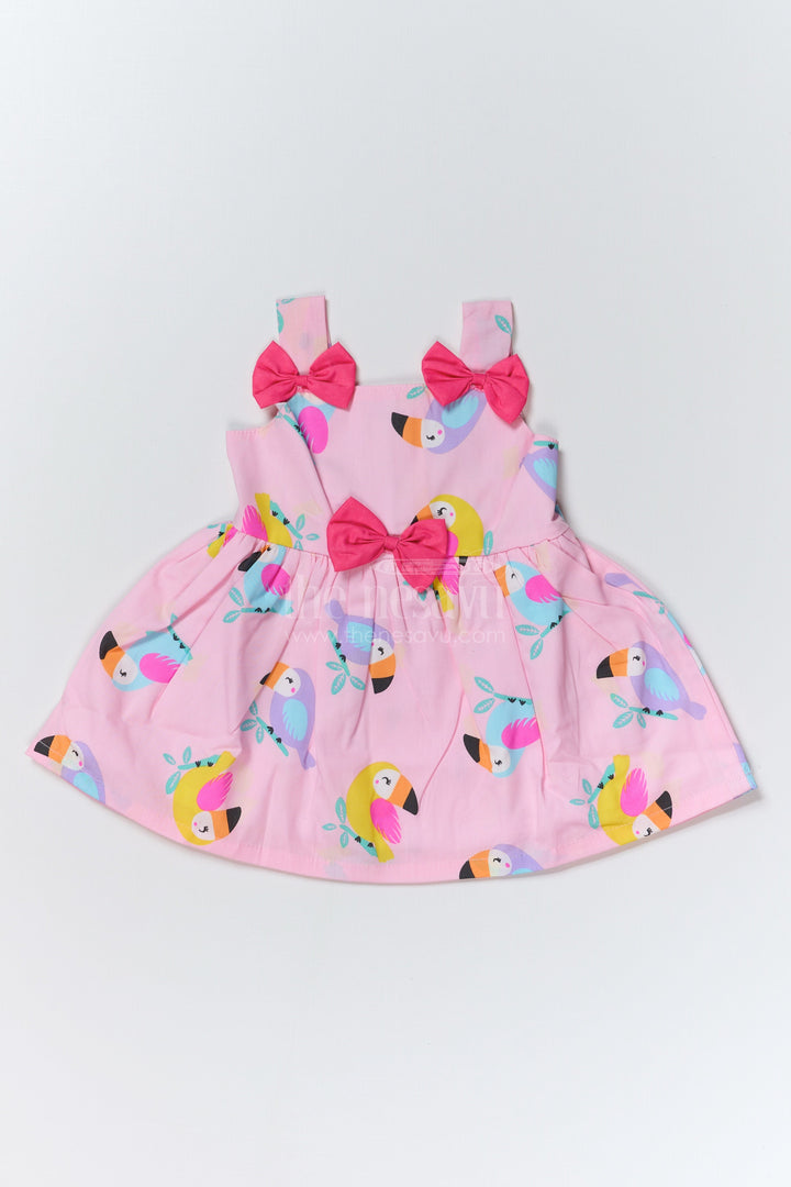 The Nesavu Baby Fancy Frock Adorable One Piece Short Dress for Baby Girls in Pure Cotton with Bird Print and Bow Details Nesavu 14 (6M) / Pink BFJ725A-14 One Piece Short Dress Baby Girls Pure Cotton Bird Print Bow Details | The Nesavu
