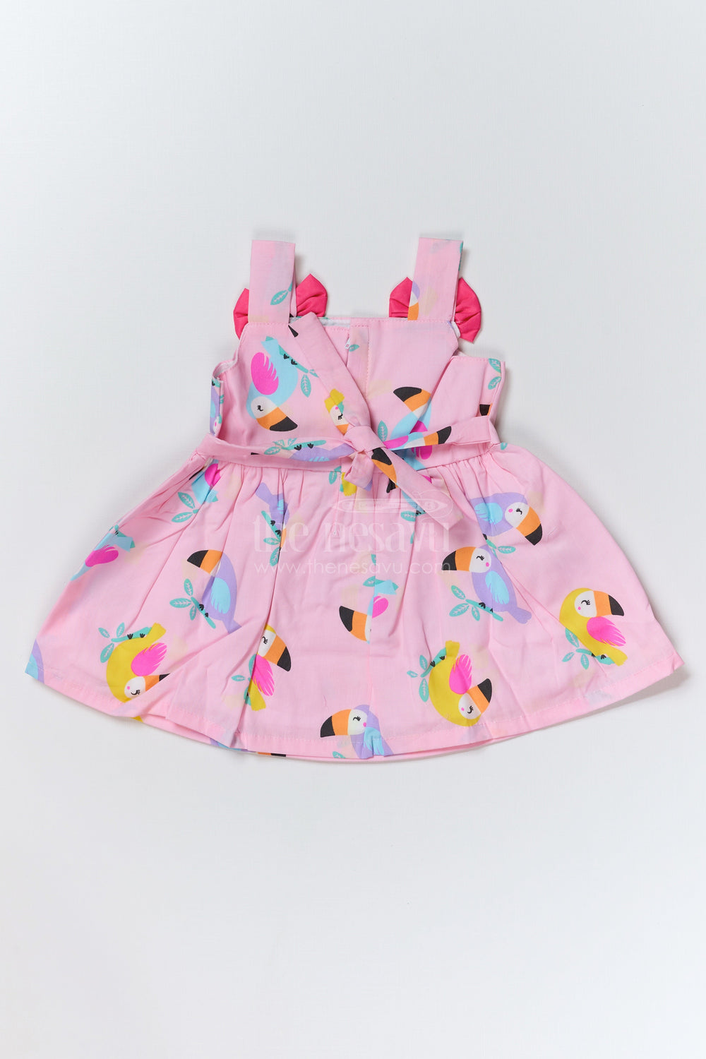 The Nesavu Baby Fancy Frock Adorable One Piece Short Dress for Baby Girls in Pure Cotton with Bird Print and Bow Details Nesavu Nesavu One Piece Short Dress Baby Girls Pure Cotton Bird Print Bow Details
