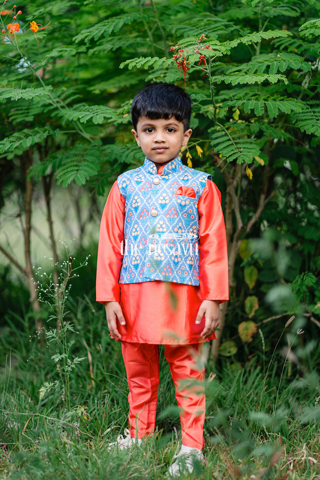 The Nesavu Boys Jacket Sets Adorable Orange Boys Kurta Set with Blue Floral Printed Overcoat Nesavu 18 (2Y) / Orange / Semi Silk BES239B-18 Premium Festive Kurta Set For Boys | The Nesavu