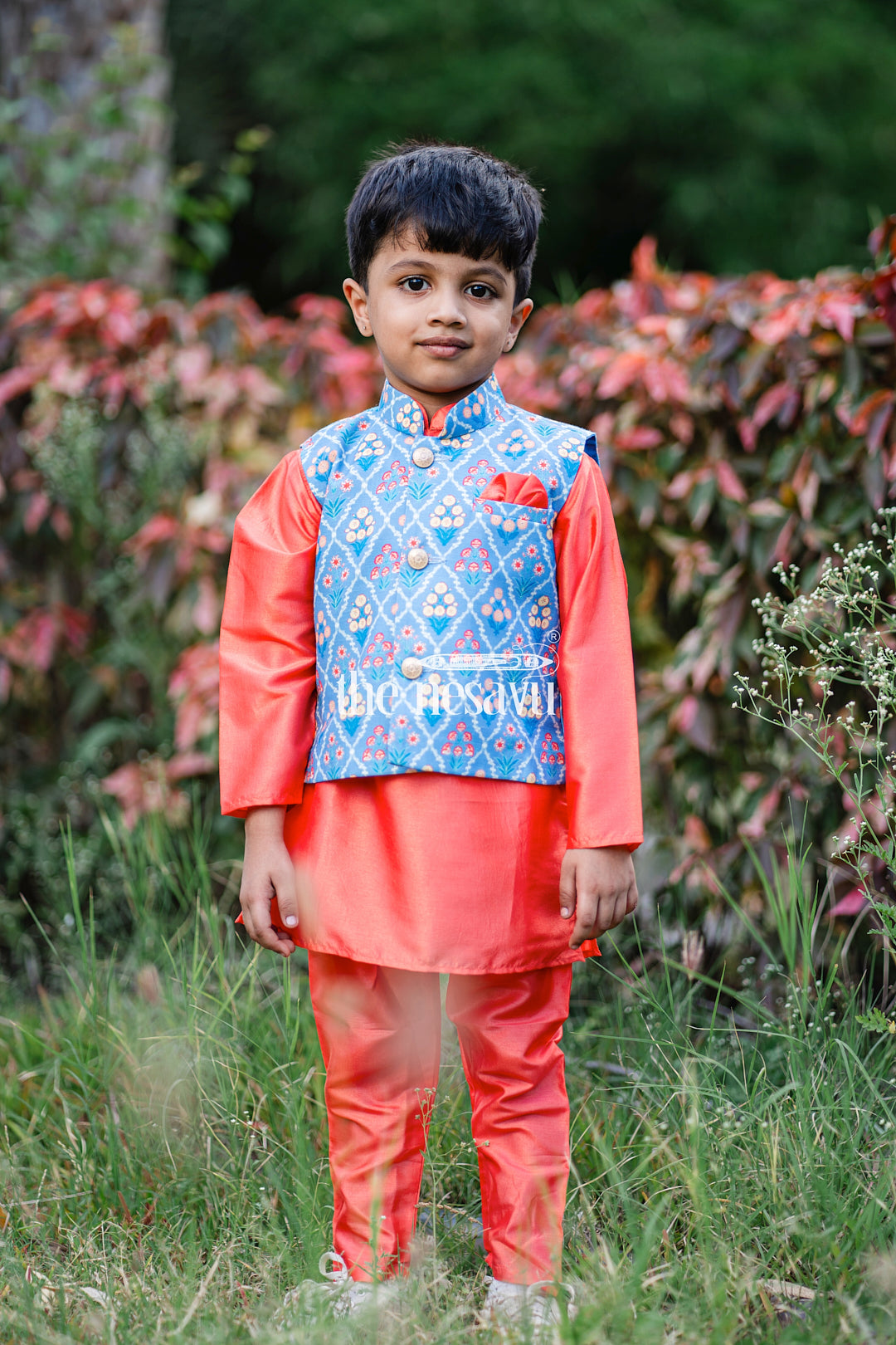 The Nesavu Boys Jacket Sets Adorable Orange Boys Kurta Set With Blue Floral Printed OverCoat Nesavu Premium Festive Kurta Set For Boys | Boys Kurta Online | The Nesavu