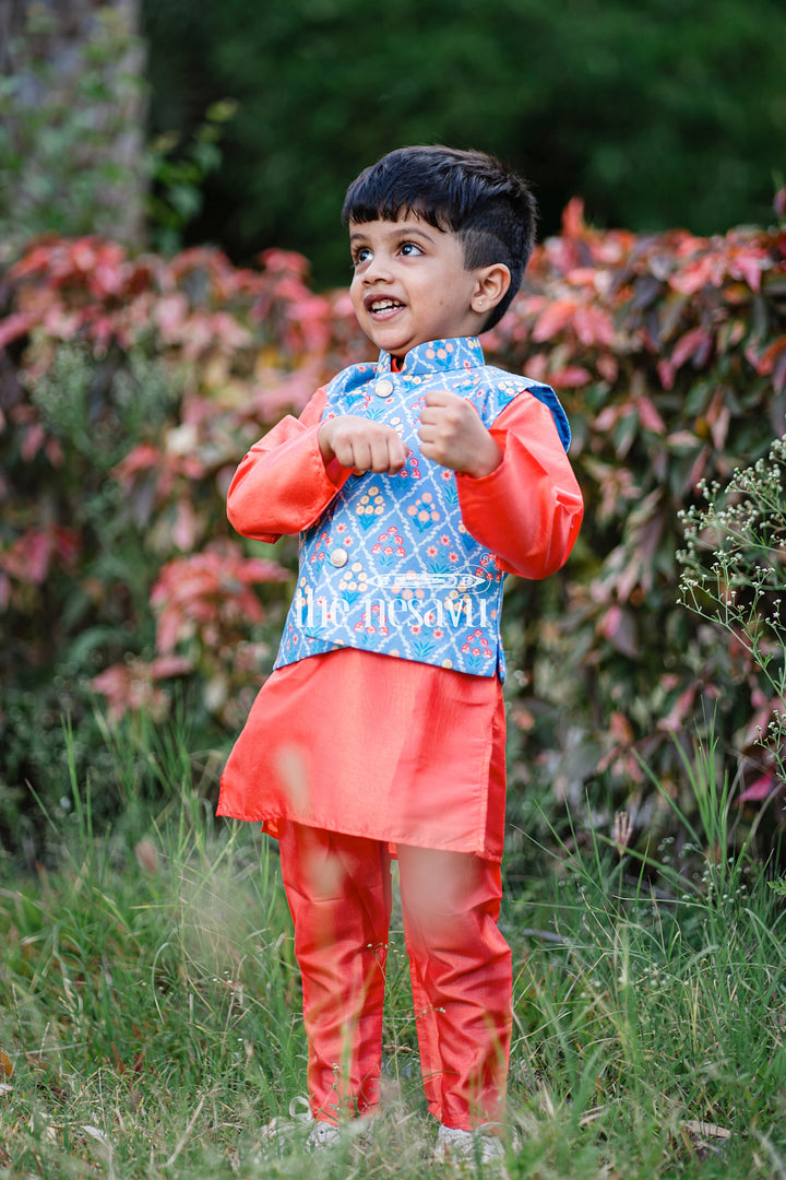 The Nesavu Boys Jacket Sets Adorable Orange Boys Kurta Set With Blue Floral Printed OverCoat Nesavu Premium Festive Kurta Set For Boys | Boys Kurta Online | The Nesavu