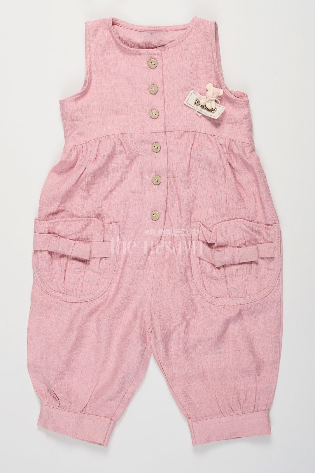 The Nesavu Girls Jumpsuit Adorable Pink Girls Jumpsuit with Oversized Bow Pockets and Button-Down Front Nesavu Nesavu Pink Girls Jumpsuit Button-Down Front Oversized Bow Pockets Playful Outings