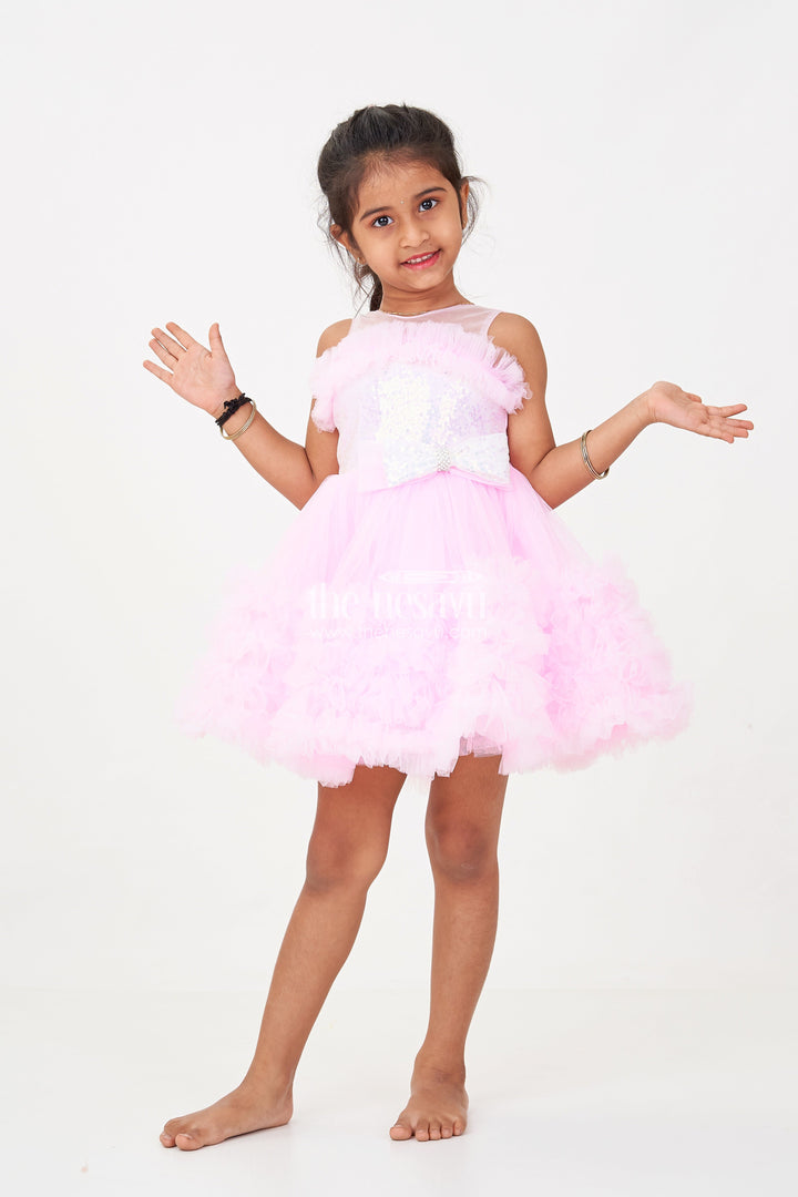 The Nesavu Girls Fancy Party Frock Adorable Pink Net Party Dress for Girls with Ruffled Layers and Sparkling Bow Nesavu 16 (1Y) / Pink PF195B-16 Adorable Pink Net Party Dress Girls Ruffles Sparkling Sequin Bow | The Nesavu