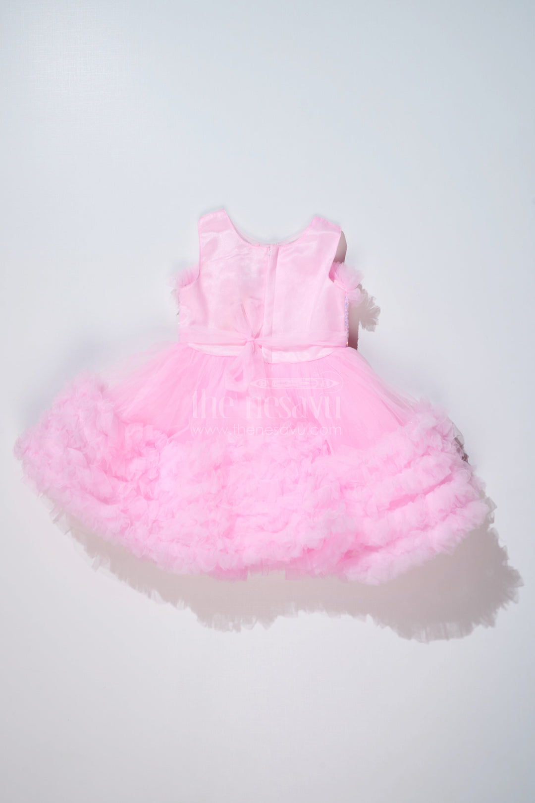 The Nesavu Girls Fancy Party Frock Adorable Pink Net Party Dress for Girls with Ruffled Layers and Sparkling Bow Nesavu Adorable Pink Net Party Dress Girls Ruffles Sparkling Sequin Bow | The Nesavu