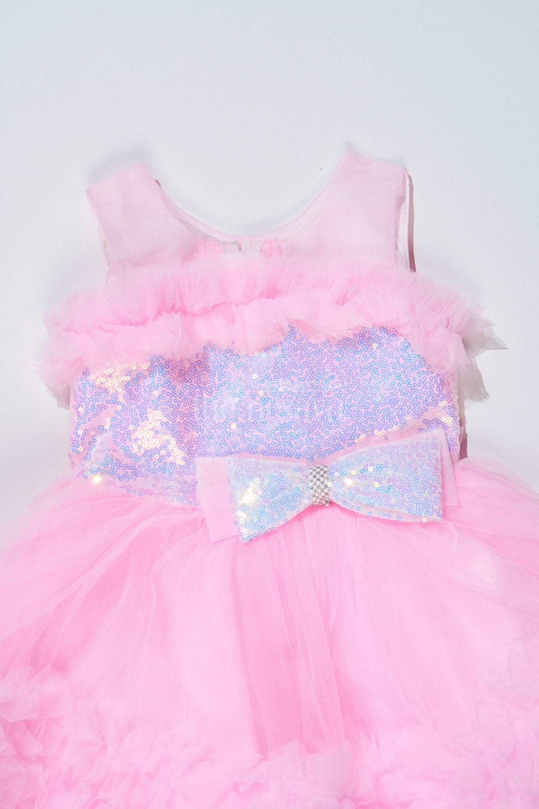 The Nesavu Girls Fancy Party Frock Adorable Pink Net Party Dress for Girls with Ruffled Layers and Sparkling Bow Nesavu Adorable Pink Net Party Dress Girls Ruffles Sparkling Sequin Bow | The Nesavu