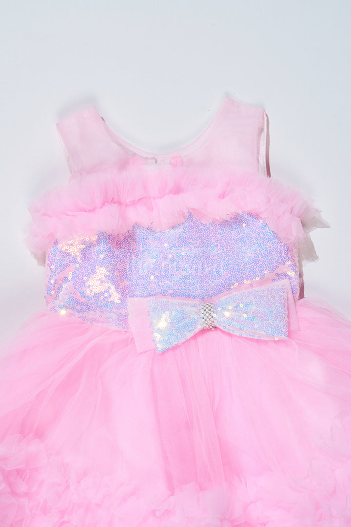 The Nesavu Girls Fancy Party Frock Adorable Pink Net Party Dress for Girls with Ruffled Layers and Sparkling Bow Nesavu Adorable Pink Net Party Dress Girls Ruffles Sparkling Sequin Bow | The Nesavu
