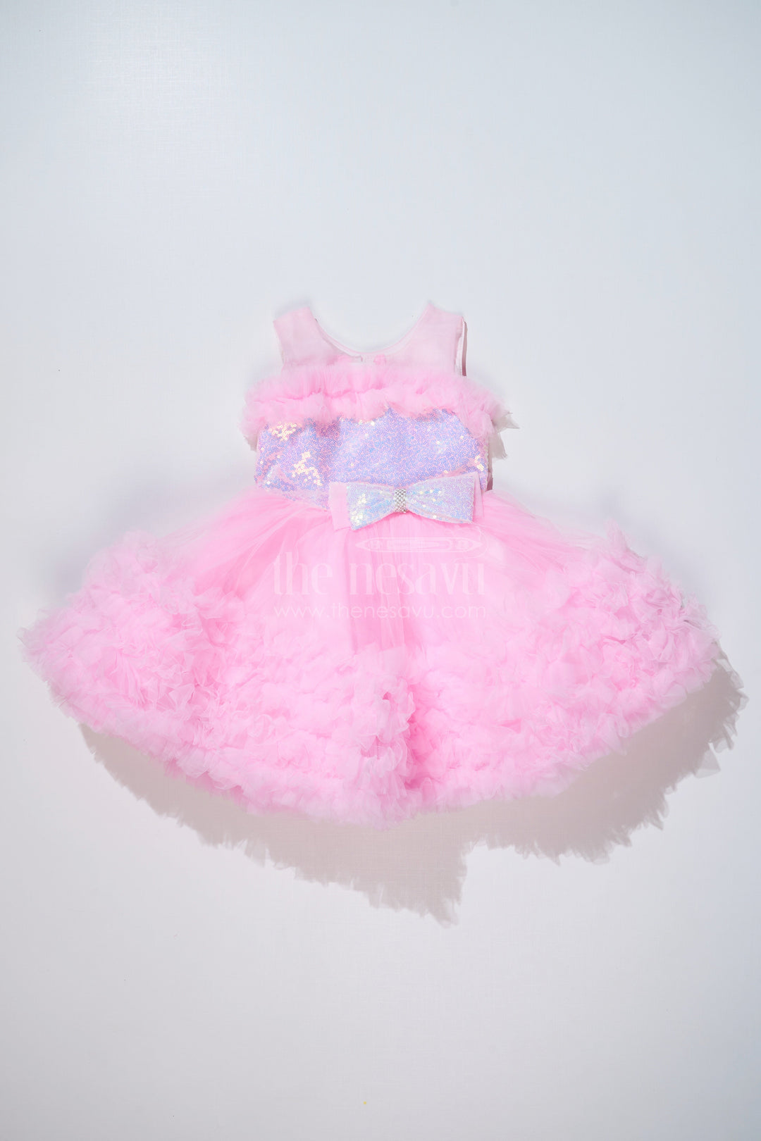 The Nesavu Girls Fancy Party Frock Adorable Pink Net Party Dress for Girls with Ruffled Layers and Sparkling Bow Nesavu Adorable Pink Net Party Dress Girls Ruffles Sparkling Sequin Bow | The Nesavu