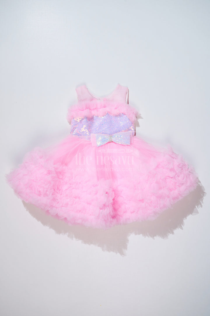 The Nesavu Girls Fancy Party Frock Adorable Pink Net Party Dress for Girls with Ruffled Layers and Sparkling Bow Nesavu Adorable Pink Net Party Dress Girls Ruffles Sparkling Sequin Bow | The Nesavu