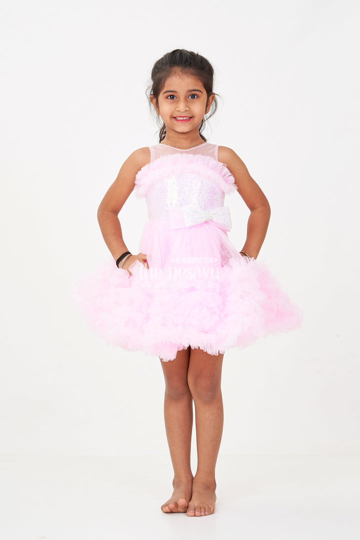 The Nesavu Girls Fancy Party Frock Adorable Pink Net Party Dress for Girls with Ruffled Layers and Sparkling Bow Nesavu Adorable Pink Net Party Dress Girls Ruffles Sparkling Sequin Bow | The Nesavu