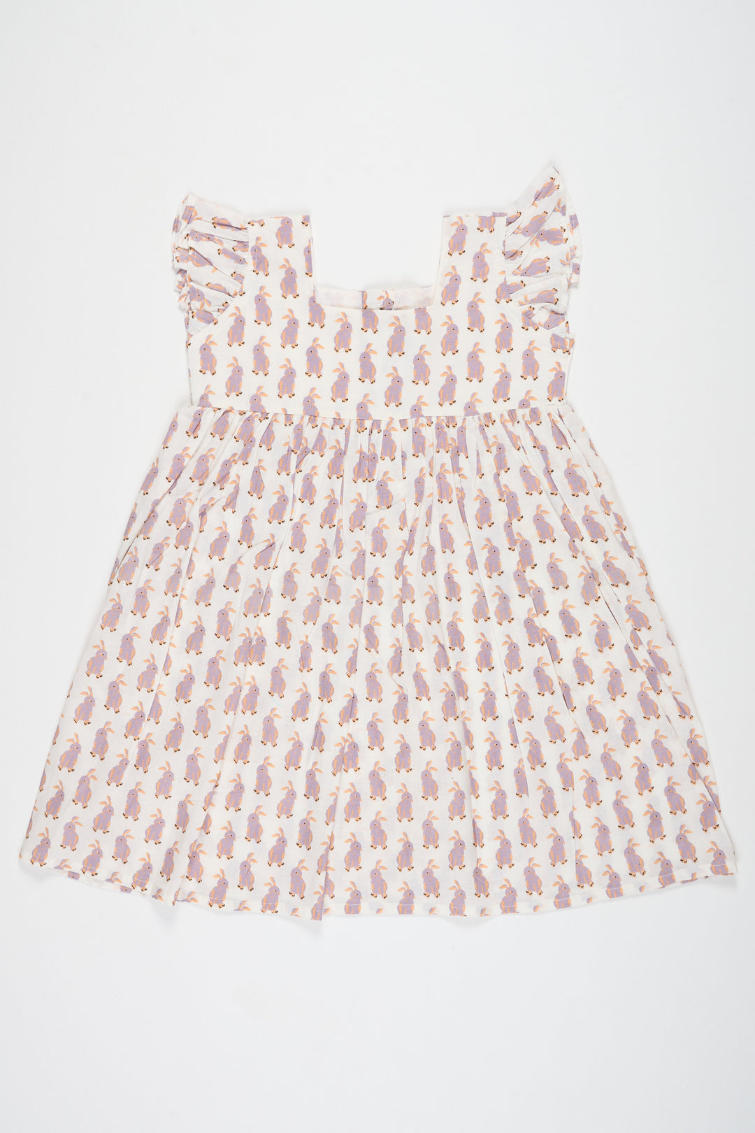 The Nesavu Baby Cotton Frocks Adorable White Baby Cotton Frock with Bunny Print and Ruffled Sleeves Perfect for Playdates Nesavu 10 (NB) / White BFJ679A-10 Nesavu White Cotton Baby Frock Bunny Print Playful Comfortable Kids Outfit