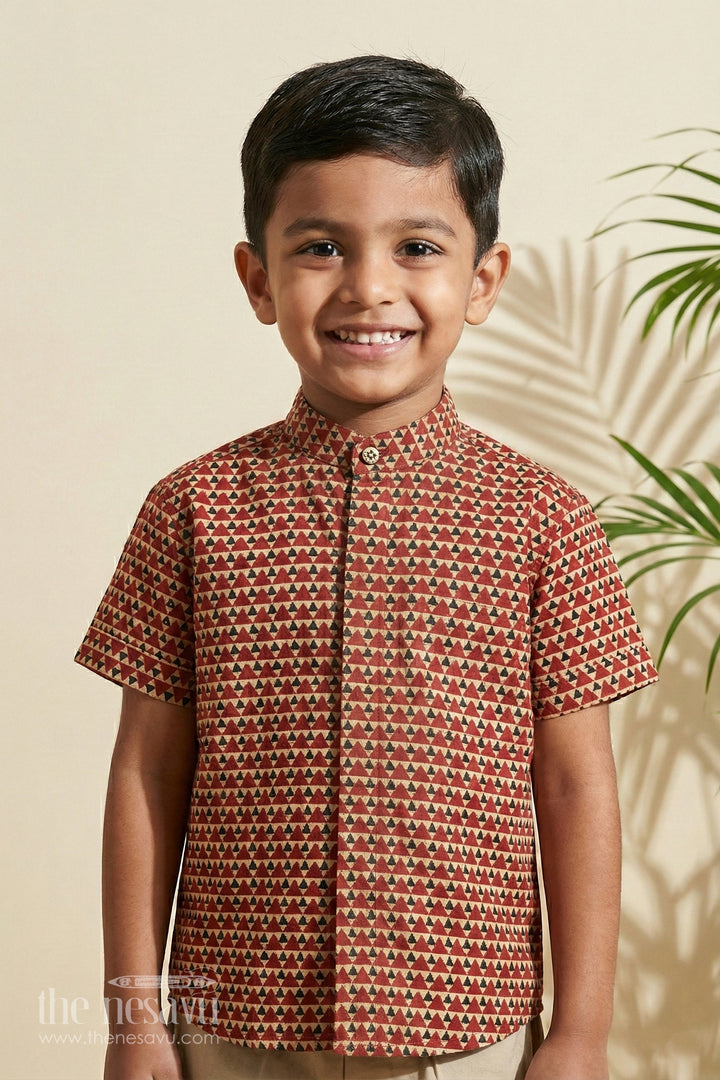 The Nesavu Boys Cotton Shirt Ajrak Block Printed Cotton Trousers Matching Shirt for Boys in Red with Geometric Patterns Nesavu 16 (1Y) / Red BS206A-16 Nesavu Boys Red Ajrak Block Printed Cotton Shirt Geometric Patterns Matching Trousers