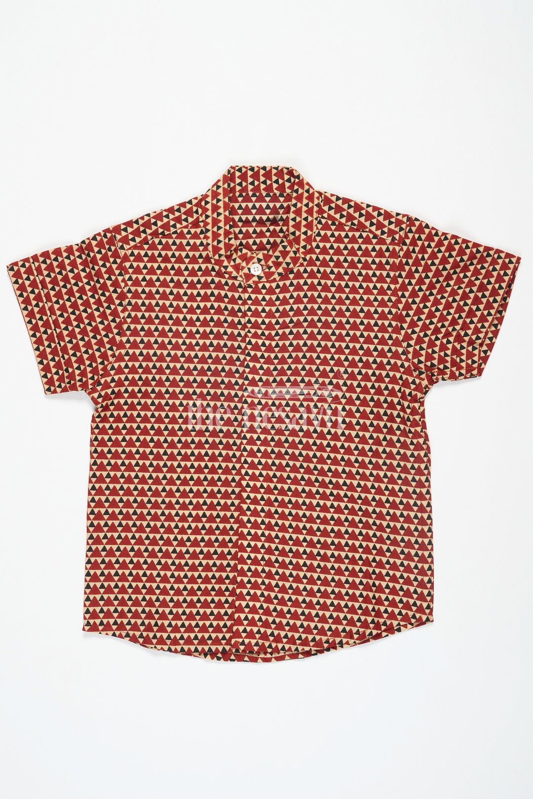 The Nesavu Boys Cotton Shirt Ajrak Block Printed Cotton Trousers Matching Shirt for Boys in Red with Geometric Patterns Nesavu 16 (1Y) / Red BS206A-16 Nesavu Boys Red Ajrak Block Printed Cotton Shirt Geometric Patterns Matching Trousers