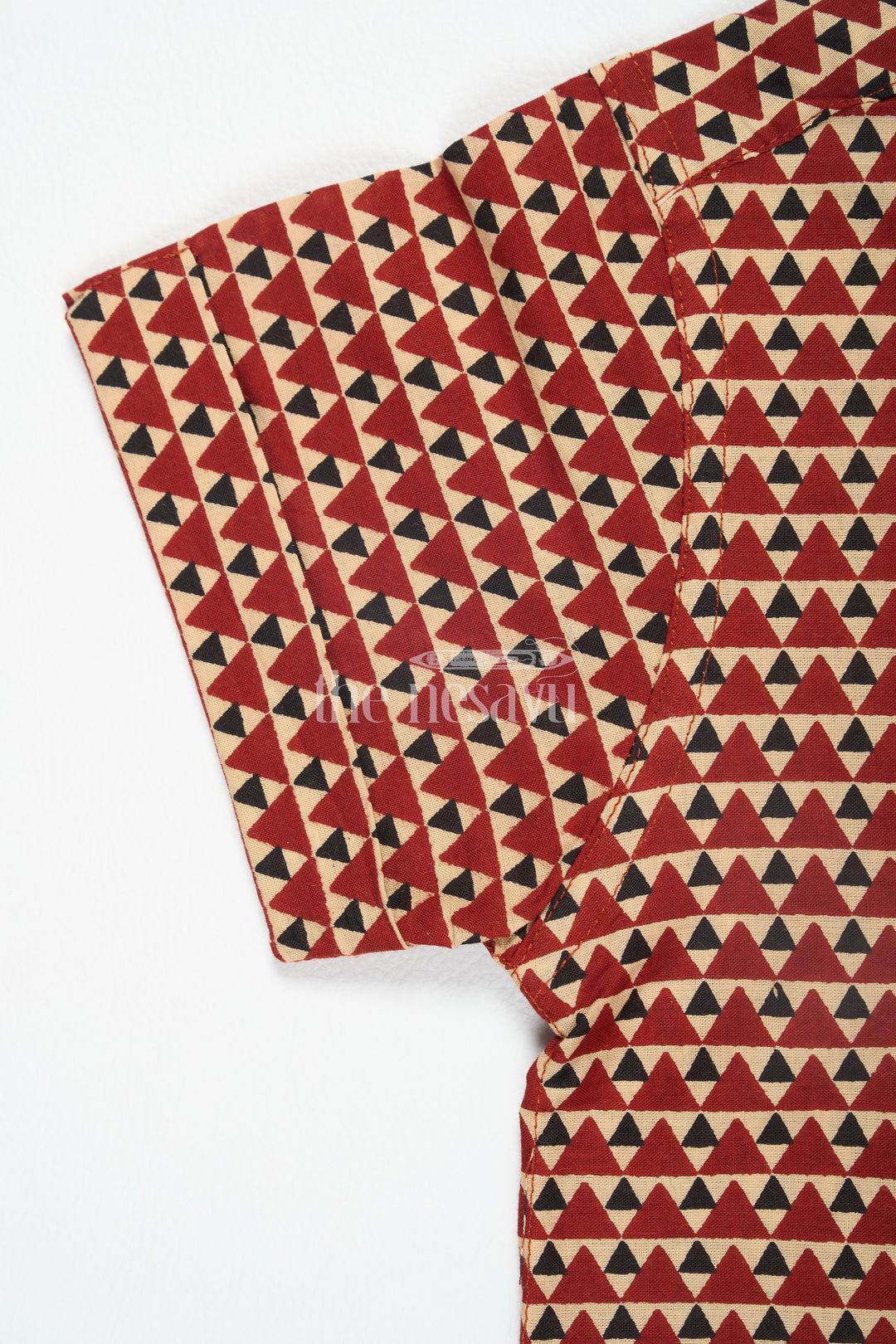 The Nesavu Boys Cotton Shirt Ajrak Block Printed Cotton Trousers Matching Shirt for Boys in Red with Geometric Patterns Nesavu Nesavu Boys Red Ajrak Block Printed Cotton Shirt Geometric Patterns Matching Trousers