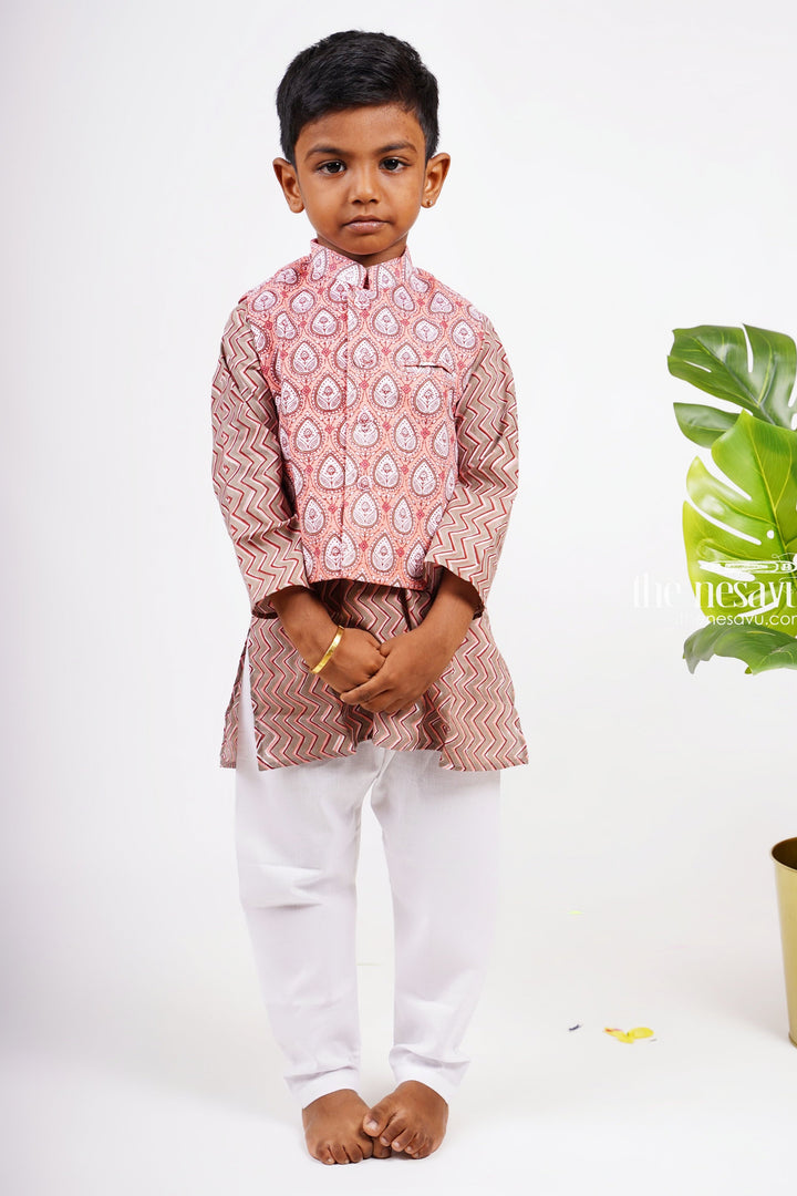 The Nesavu Boys Jacket Sets Ajrak Block Printed Kurtha with Printed Jacket Pant Set for Boys Nesavu 14 (6M) / Brown BES80-14 Stylish Party Wear Kurta For Boys | Designer Ethnics | The Nesavu