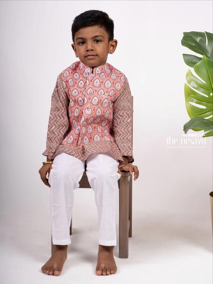 The Nesavu Boys Jacket Sets Ajrak Block Printed Kurtha with Printed Jacket Pant Set for Boys Nesavu Stylish Party Wear Kurta For Boys | Designer Ethnics | The Nesavu