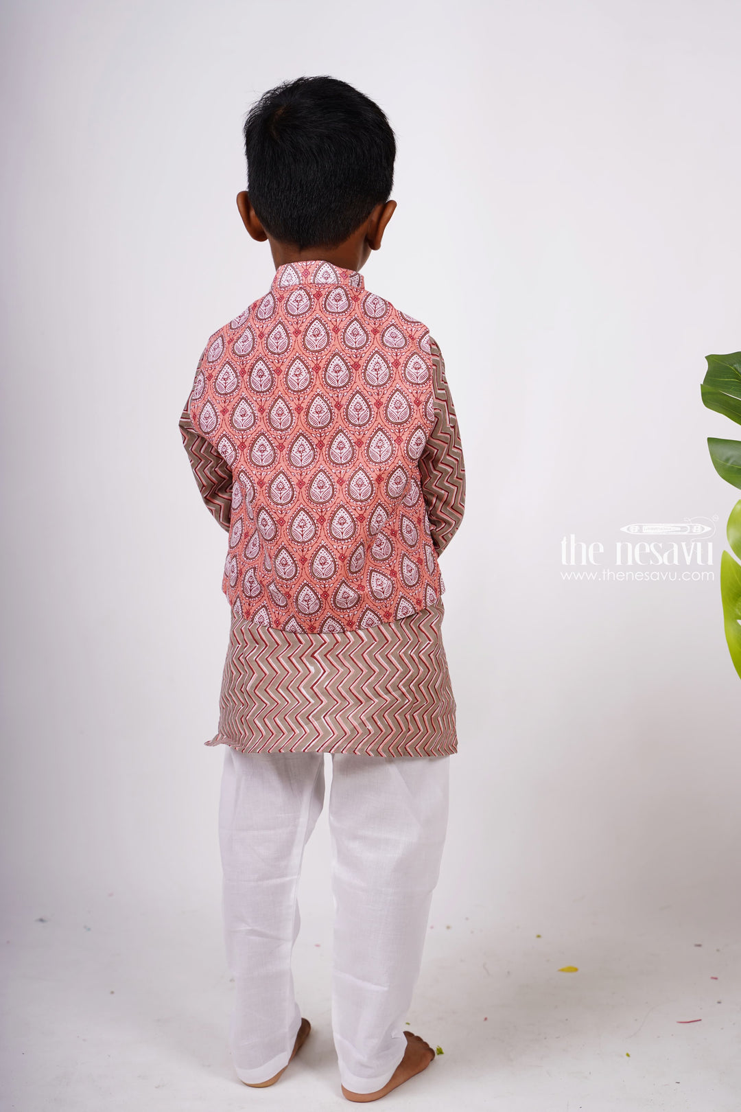 The Nesavu Boys Jacket Sets Ajrak Block Printed Kurtha with Printed Jacket Pant Set for Boys Nesavu Stylish Party Wear Kurta For Boys | Designer Ethnics | The Nesavu