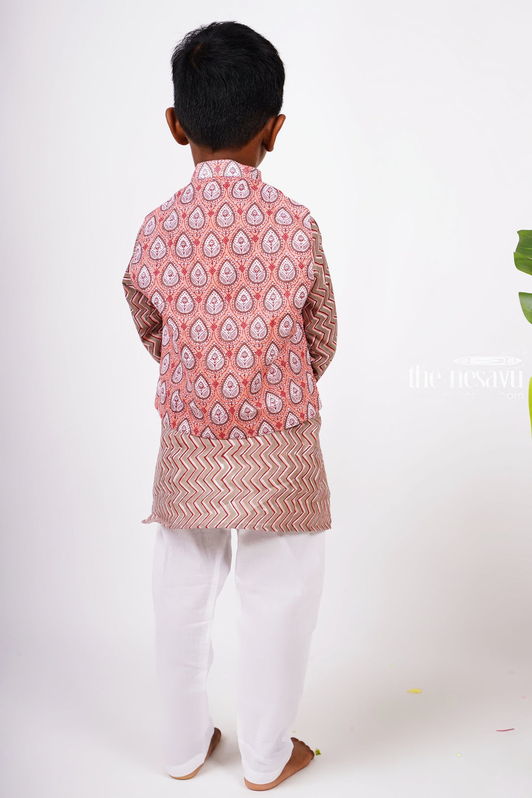 The Nesavu Boys Jacket Sets Ajrak Block Printed Kurtha with Printed Jacket Pant Set for Boys Nesavu Stylish Party Wear Kurta For Boys | Designer Ethnics | The Nesavu