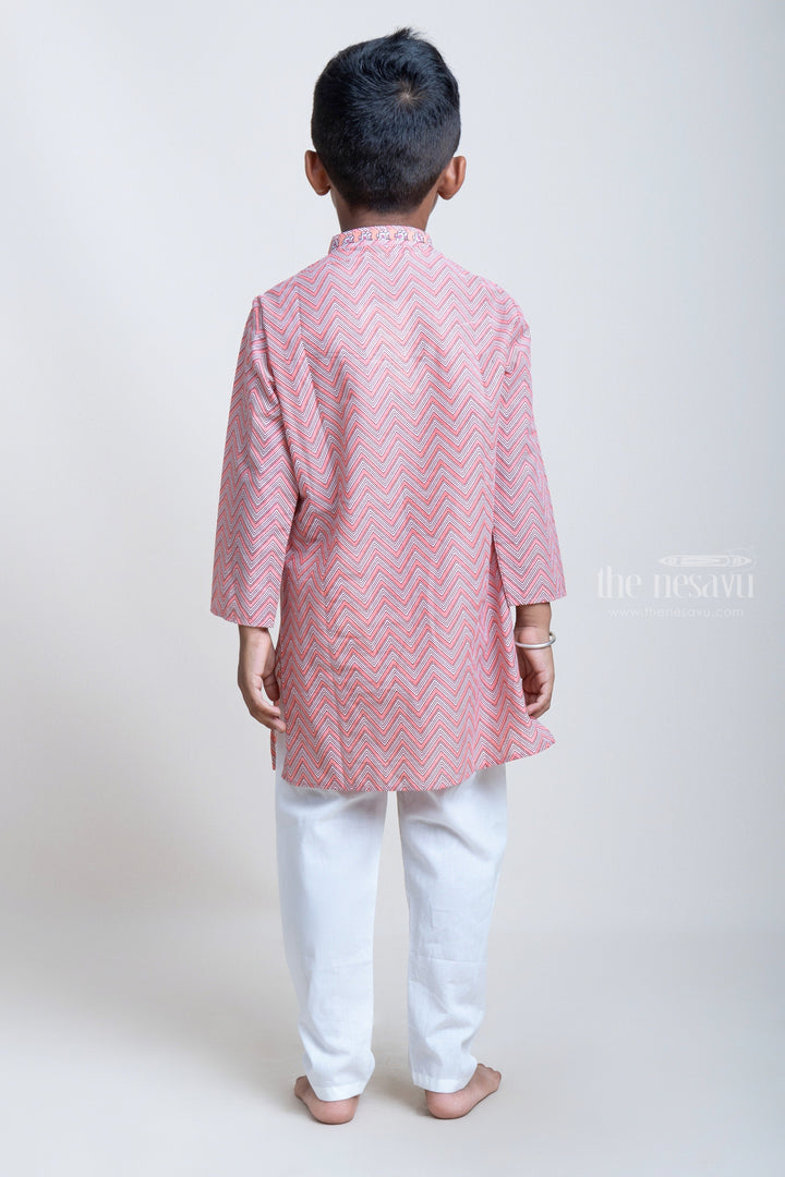 The Nesavu Boys Kurtha Set Ajrak Printed ZigZag Pink Cotton Kurta And White Pyjama For Little Boys psr silks Nesavu