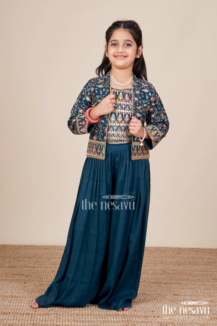 The Nesavu Girls Sharara / Plazo Set All-Over Embroidered Ethnic Co-Ord Set Traditional Charm for Girls Nesavu 26 (6Y) / Green GPS747A-26 Traditional embroidered co-ord set girls  festive plazo outfit Nesavu