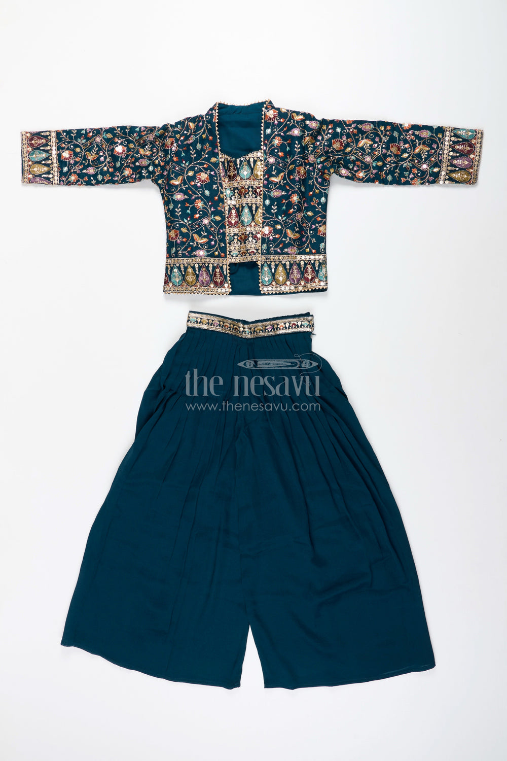 The Nesavu Girls Sharara / Plazo Set All-over embroidered ethnic co-ord set – traditional charm for girls Nesavu Traditional embroidered co-ord set girls  festive plazo outfit Nesavu