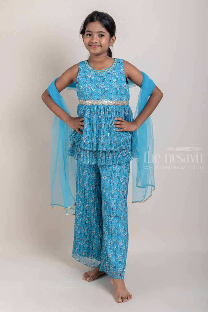 The Nesavu Girls Sharara / Plazo Set All-Over Floral Printed Layered Peplum Blue Kurti and Palazzo Pant for Girls with Organza Dupatta Nesavu 16 (1Y) / Blue / Georgette GPS128B-16 All-Over Floral Printed Layered Peplum Blue Kurti and Palazzo Pant for Girls | Designer Ethnic Wear | The Nesavu