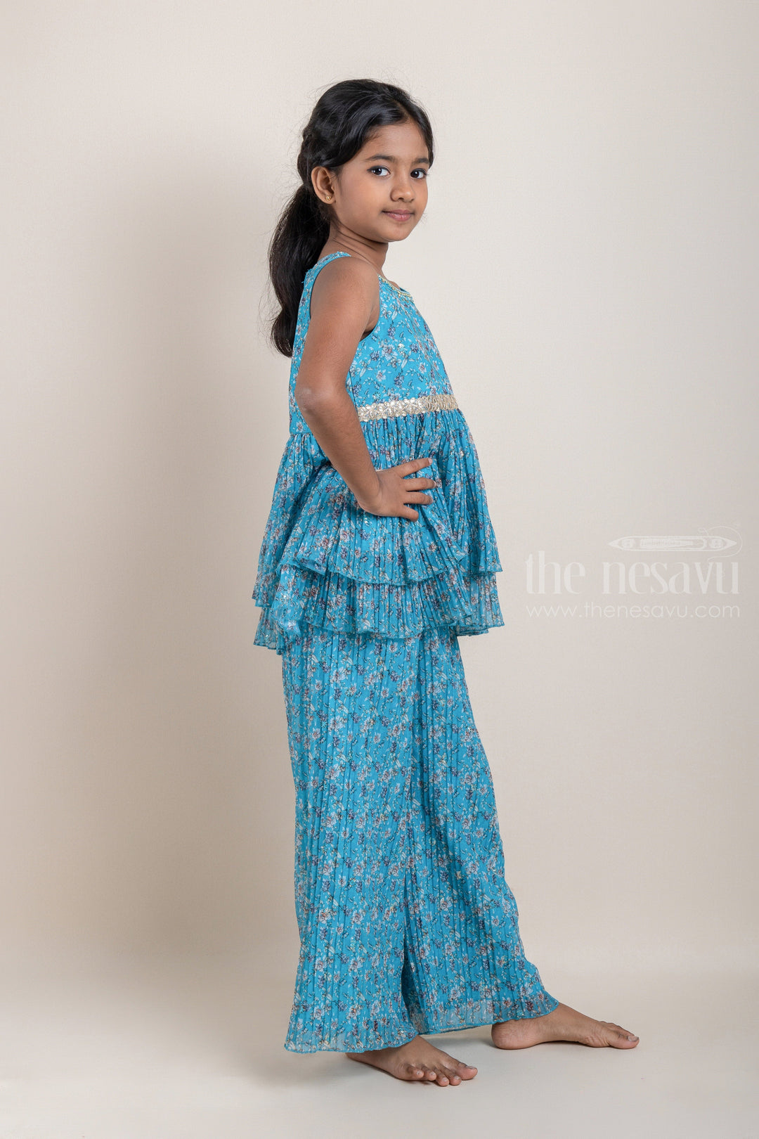 The Nesavu Girls Sharara / Plazo Set All-Over Floral Printed Layered Peplum Blue Kurti and Palazzo Pant for Girls with Organza Dupatta Nesavu All-Over Floral Printed Layered Peplum Blue Kurti and Palazzo Pant for Girls | Designer Ethnic Wear | The Nesavu