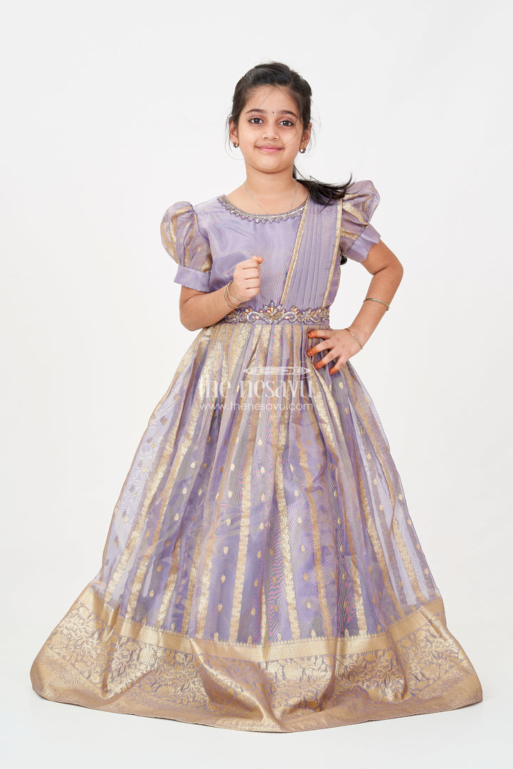 The Nesavu Girls Silk Gown Anarkali Long Frock for Girls in Rich Banarasi Tissue Silk with Golden Brocade Borders Nesavu 22 (4Y) / Purple GA300B-22 Anarkali Long Frock Girls Banarasi Tissue Silk Golden Borders Dupatta | The Nesavu