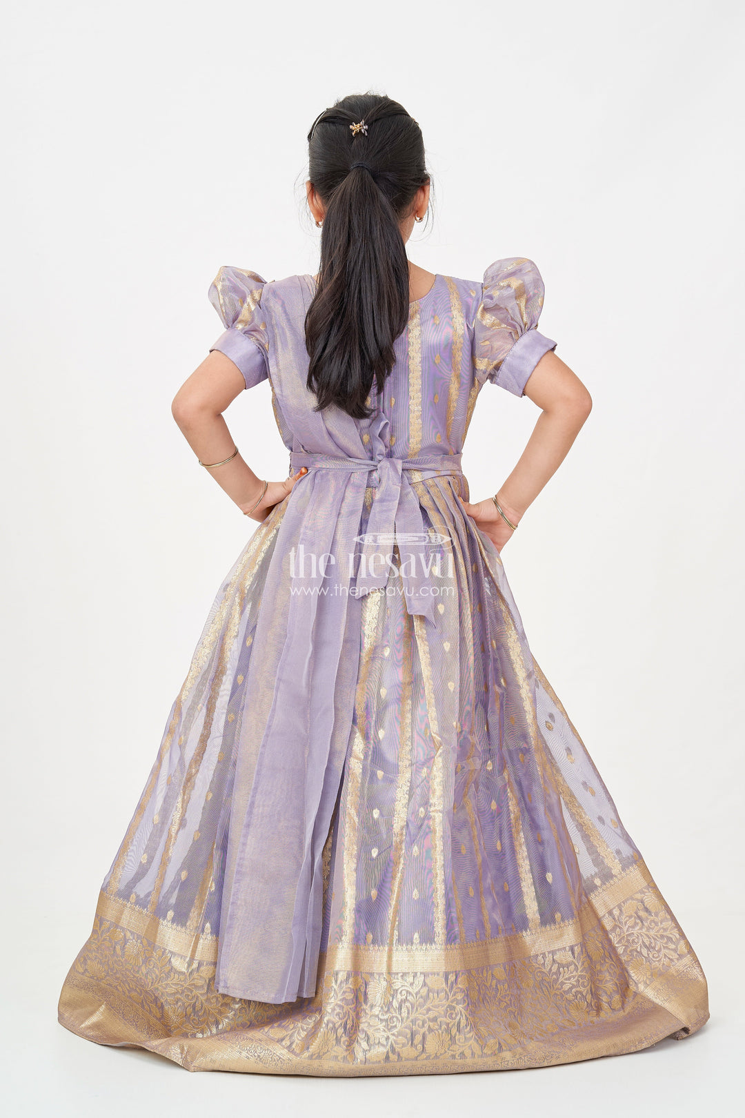 The Nesavu Girls Silk Gown Anarkali Long Frock for Girls in Rich Banarasi Tissue Silk with Golden Brocade Borders Nesavu Anarkali Long Frock Girls Banarasi Tissue Silk Golden Borders Dupatta | The Nesavu