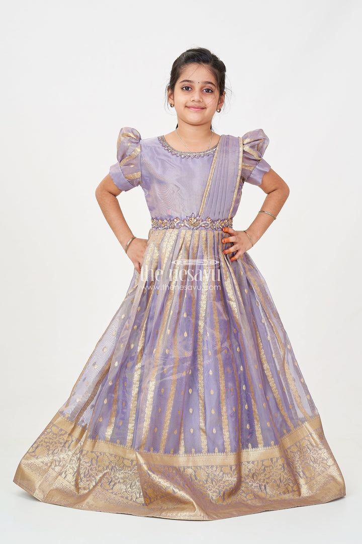 The Nesavu Girls Silk Gown Anarkali Long Frock for Girls in Rich Banarasi Tissue Silk with Golden Brocade Borders Nesavu Anarkali Long Frock Girls Banarasi Tissue Silk Golden Borders Dupatta | The Nesavu