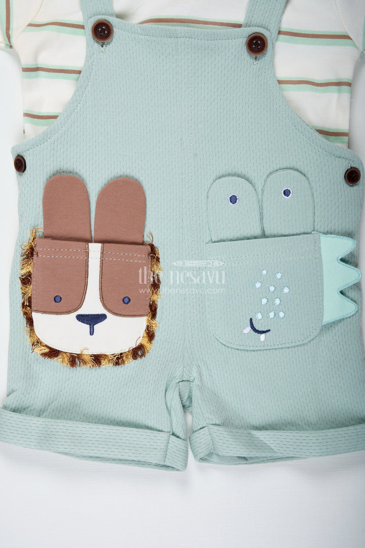 The Nesavu Boys Casual Set Animal Casual Outfit for Boys in Cotton with Green Dungaree and Fun Lion Face Applique Tee Combo Nesavu Nesavu Animal Casual Outfit Boys Green Cotton Dungaree Lion Face Embroidery