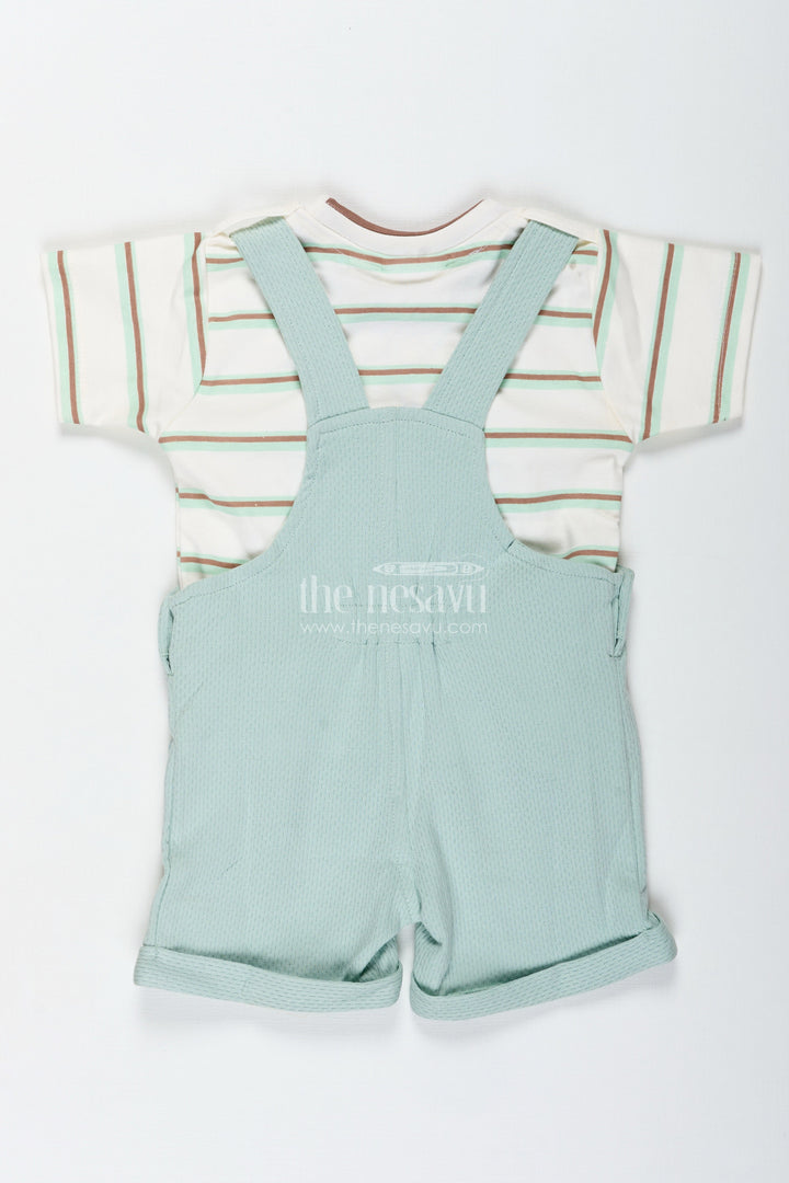 The Nesavu Boys Casual Set Animal Casual Outfit for Boys in Cotton with Green Dungaree and Fun Lion Face Applique Tee Combo Nesavu Nesavu Animal Casual Outfit Boys Green Cotton Dungaree Lion Face Embroidery