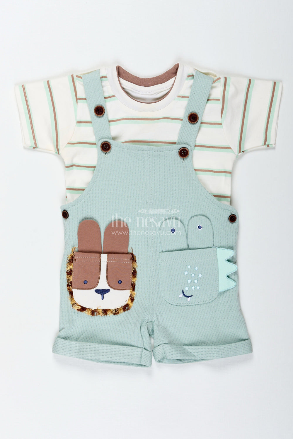 The Nesavu Boys Casual Set Animal Casual Outfit for Boys in Cotton with Green Dungaree and Fun Lion Face Applique Tee Combo Nesavu Nesavu Animal Casual Outfit Boys Green Cotton Dungaree Lion Face Embroidery