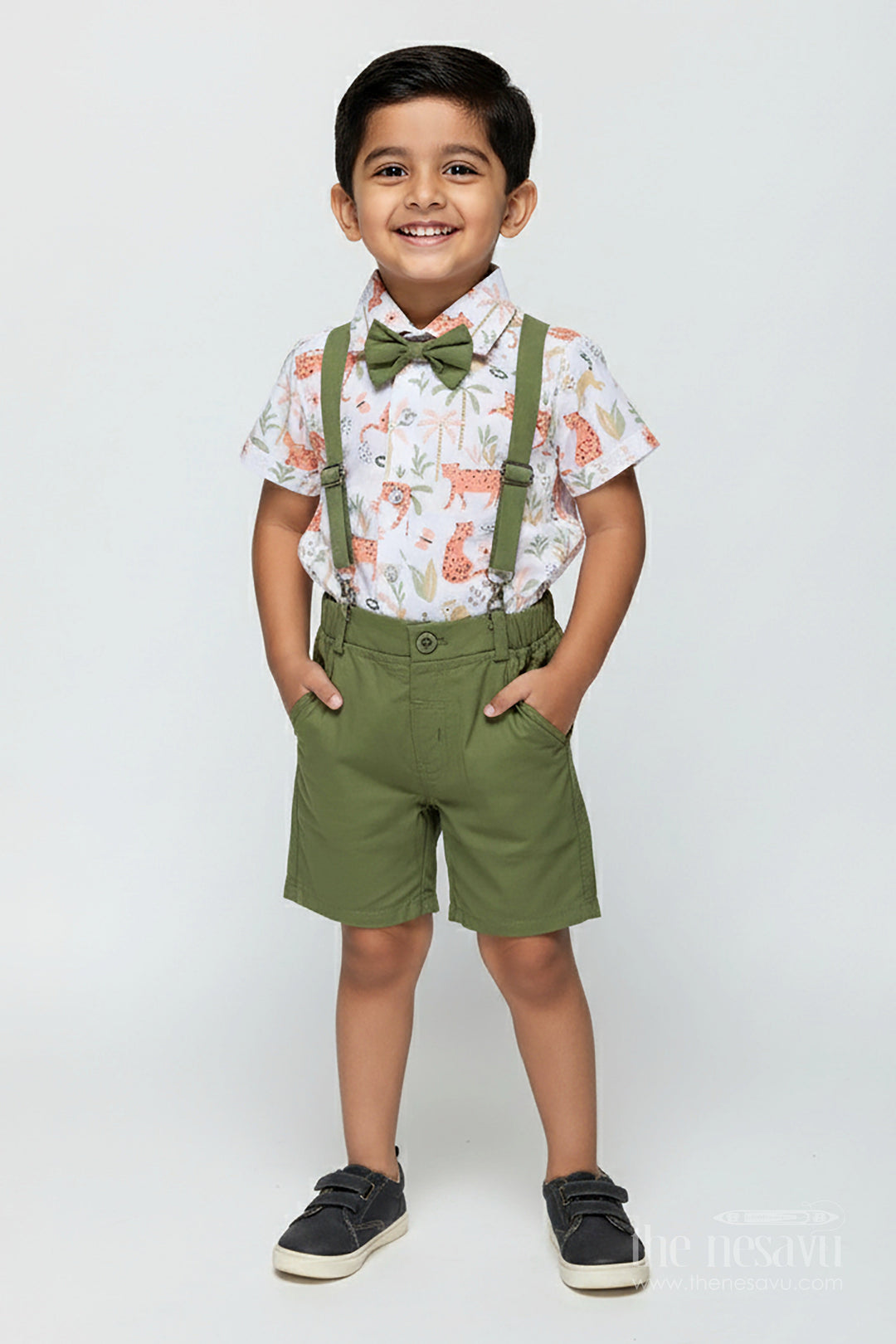 The Nesavu Boys Casual Set Animal Print Baby Boy Shirt with Olive Green Shorts and Matching Bow Tie for Smart Daywear Nesavu 12 (3M) / Green BCS324A-12 Nesavu Animal Print Baby Boy Shirt Set Olive Green Shorts Cotton Bow Tie