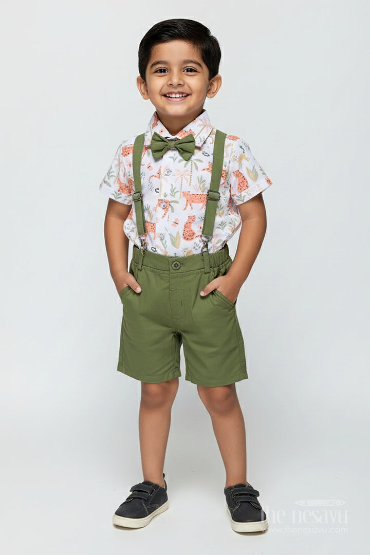 The Nesavu Boys Casual Set Animal Print Baby Boy Shirt with Olive Green Shorts and Matching Bow Tie for Smart Daywear Nesavu 12 (3M) / Green BCS324A-12 Nesavu Animal Print Baby Boy Shirt Set Olive Green Shorts Cotton Bow Tie