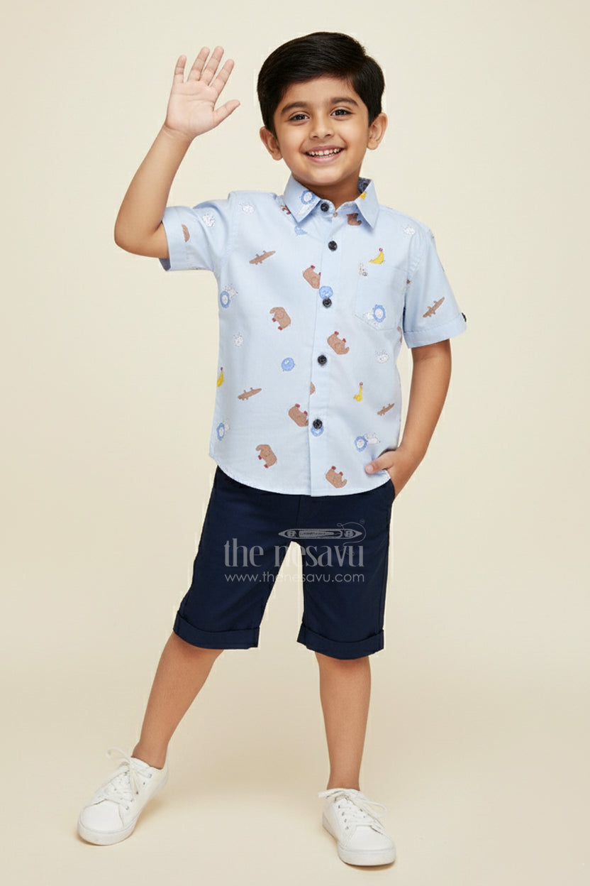 The Nesavu Boys Casual Set Animal Print Summer Outfit for Toddler Boys Nesavu 16 (1Y) / Blue BCS356A-16 Nesavu Animal Print Summer Cotton Shirt Shorts Set Boys Lightweight Fabric
