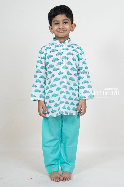 The Nesavu Boys Kurtha Set Aqua Blue Cotton Car Printed Play Wear Party Wear for Boys Nesavu 12 (3M) / Turquoise / Cotton BES209B-12 Cotton Printed Kurta Suit For Boys Online | The Nesavu