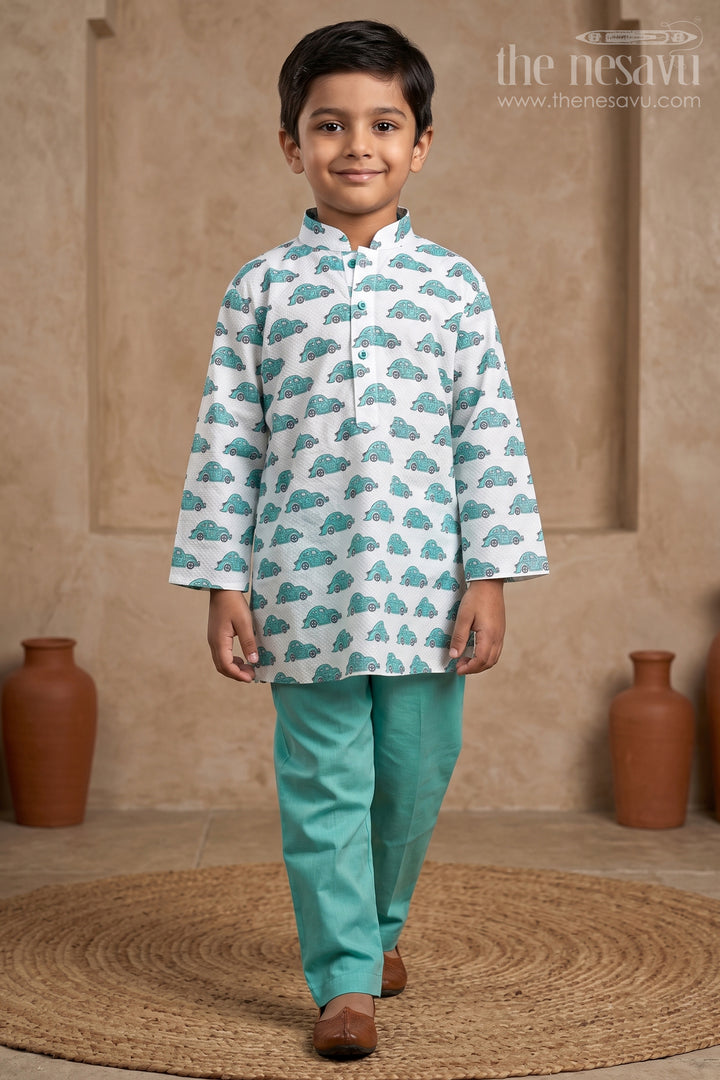 The Nesavu Boys Kurtha Set Aqua Blue Cotton Car Printed Play Wear Party Wear for Boys Nesavu 12 (3M) / Turquoise / Cotton BES209B-12 Cotton Printed Kurta Suit For Boys Online | The Nesavu