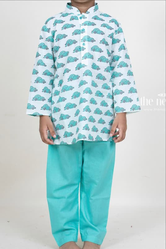 The Nesavu Boys Kurtha Set Aqua Blue Cotton Car Printed Play Wear Party Wear for Boys Nesavu Cotton Printed Kurta Suit For Boys Online | The Nesavu