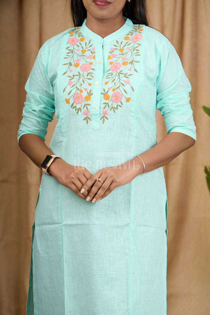 The Nesavu Womens Flared Kurthas Aqua Blue Slub Cotton Kurta for Women with Floral Embroidery and Mandarin Collar Nesavu Nesavu Aqua Blue Kurta Floral Embroidery Mandarin Collar Women