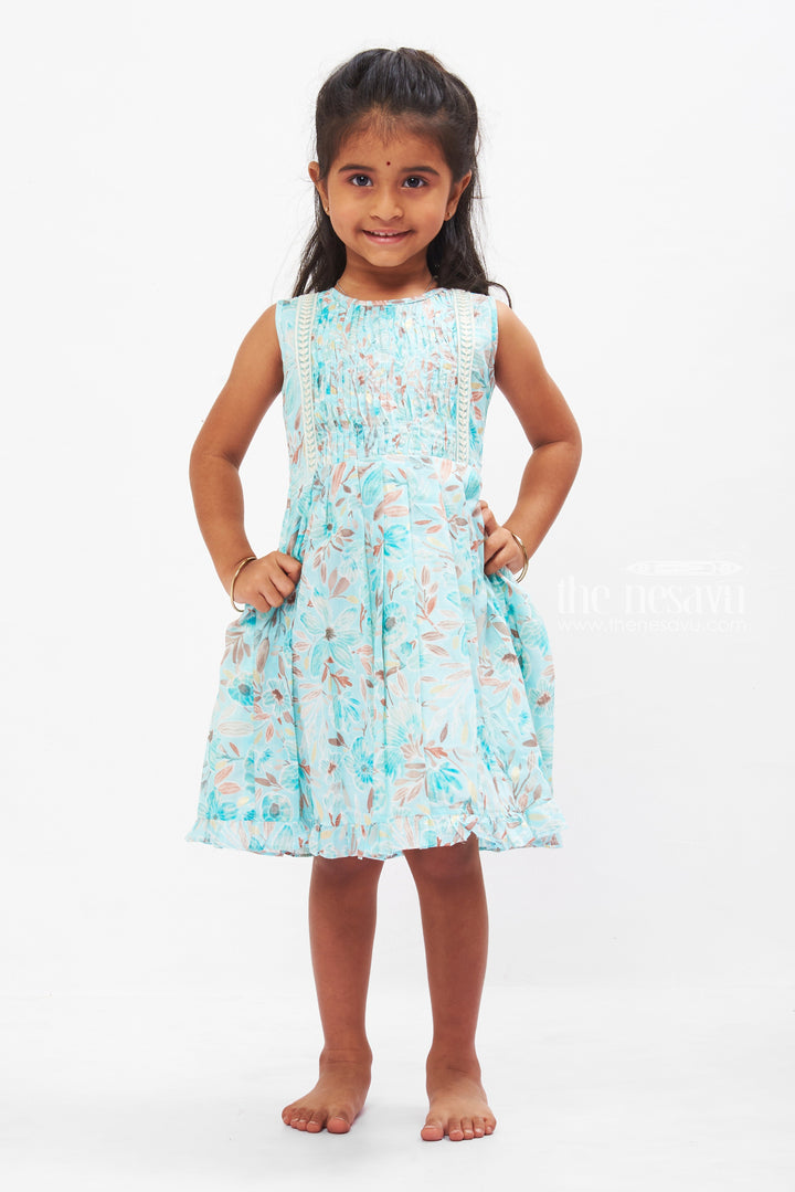 The Nesavu Girls Cotton Frock Aqua Floral Kids Pure Cotton Frock with Lace Trim Nesavu 16 (1Y) / Blue GFC1229A-16 Girls Summer Cotton Dress Essentials | Aqua Lace Trim Floral Frock | The Nesavu