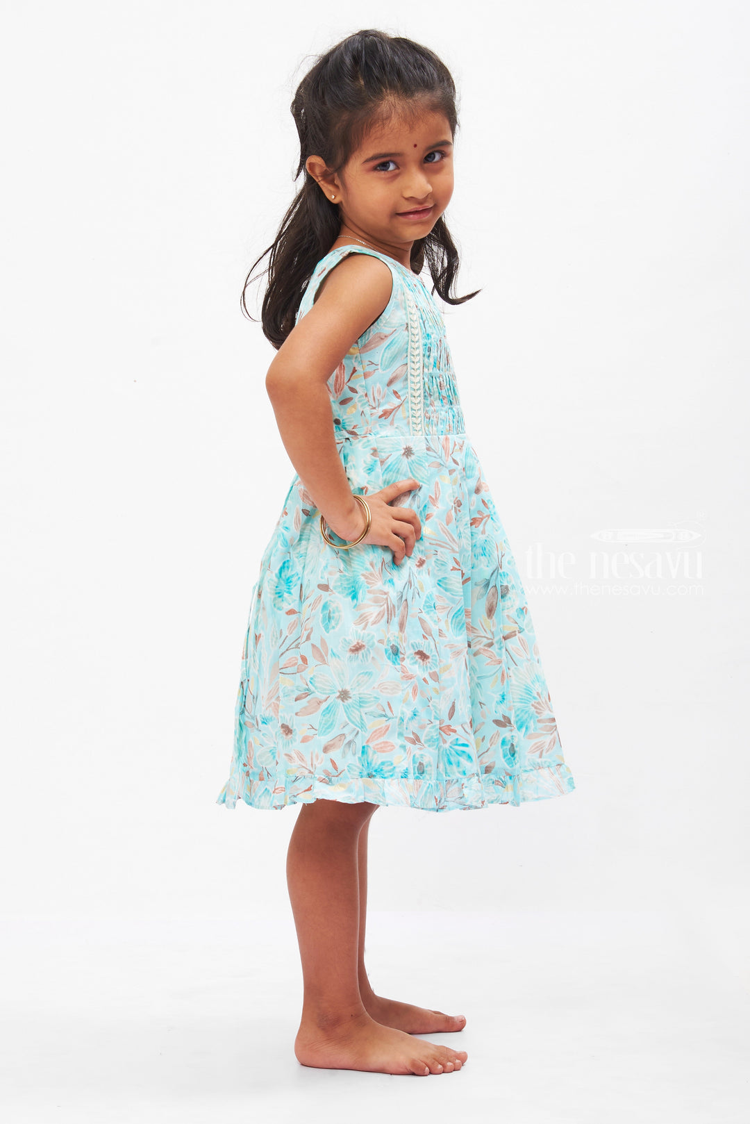 The Nesavu Girls Cotton Frock Aqua Floral Kids Pure Cotton Frock with Lace Trim Nesavu Girls Summer Cotton Dress Essentials | Aqua Lace Trim Floral Frock | The Nesavu