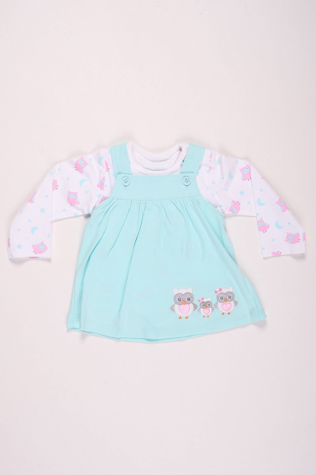 The Nesavu Baby Cotton Frocks Aqua Owl Print Baby Girl Dress Set Nesavu 10 (NB) / Blue BFJ572A-10 Aqua Owl Print Baby Girl Dress Set - Adorable & Cozy