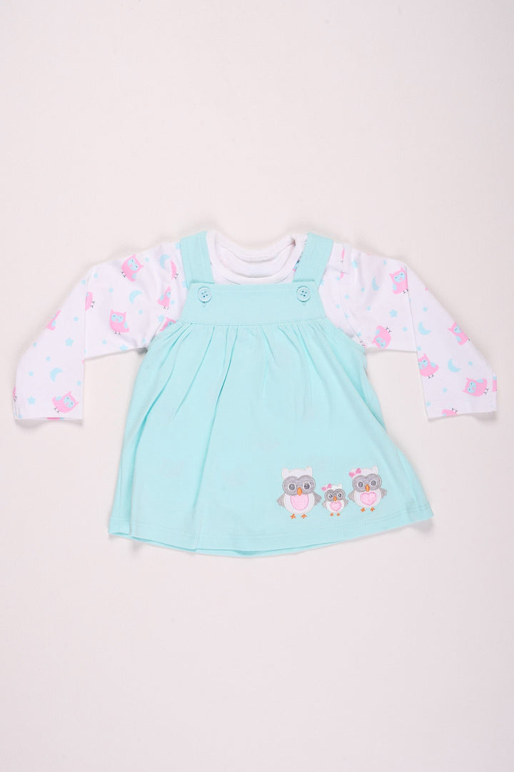 The Nesavu Baby Cotton Frocks Aqua Owl Print Baby Girl Dress Set Nesavu 10 (NB) / Blue BFJ572A-10 Aqua Owl Print Baby Girl Dress Set - Adorable & Cozy