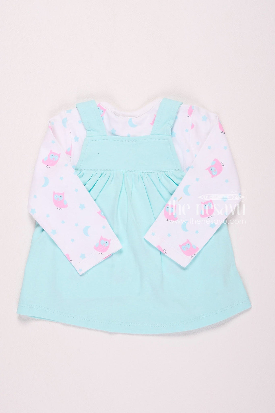 The Nesavu Baby Cotton Frocks Aqua Owl Print Baby Girl Dress Set Nesavu Aqua Owl Print Baby Girl Dress Set - Adorable & Cozy