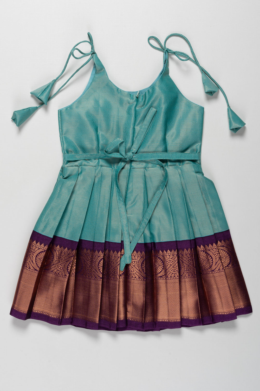 The Nesavu Tie-up Frock Aqua Silk Knot-Tie Frock for Choulam and Choroonu: Exquisite Craftsmanship with Elegant Contrasts Nesavu Stylish Aqua and Brown Silk Dress for Kids | Adjustable KnotTie Frock for Girls | The Nesavu