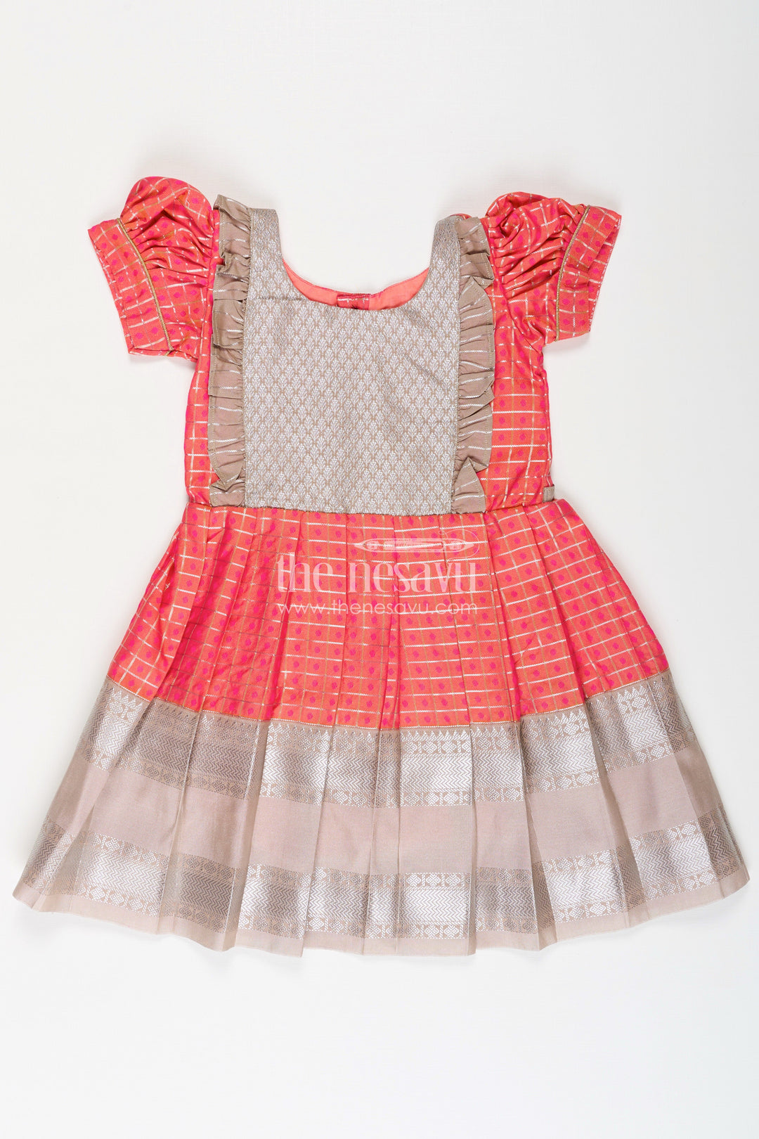 The Nesavu Girls Kanchi Silk Frock Archive -Girls Semi Kanchivaram Silk Frock with Puff Sleeves and Contrast Borders in new model pattu pavadai Design Nesavu 18 (2Y) / Orange SF1001CA-18 Nesavu Girls Semi Kanchivaram Silk Frock Puff Sleeves new model pattu pavadai Traditional Style