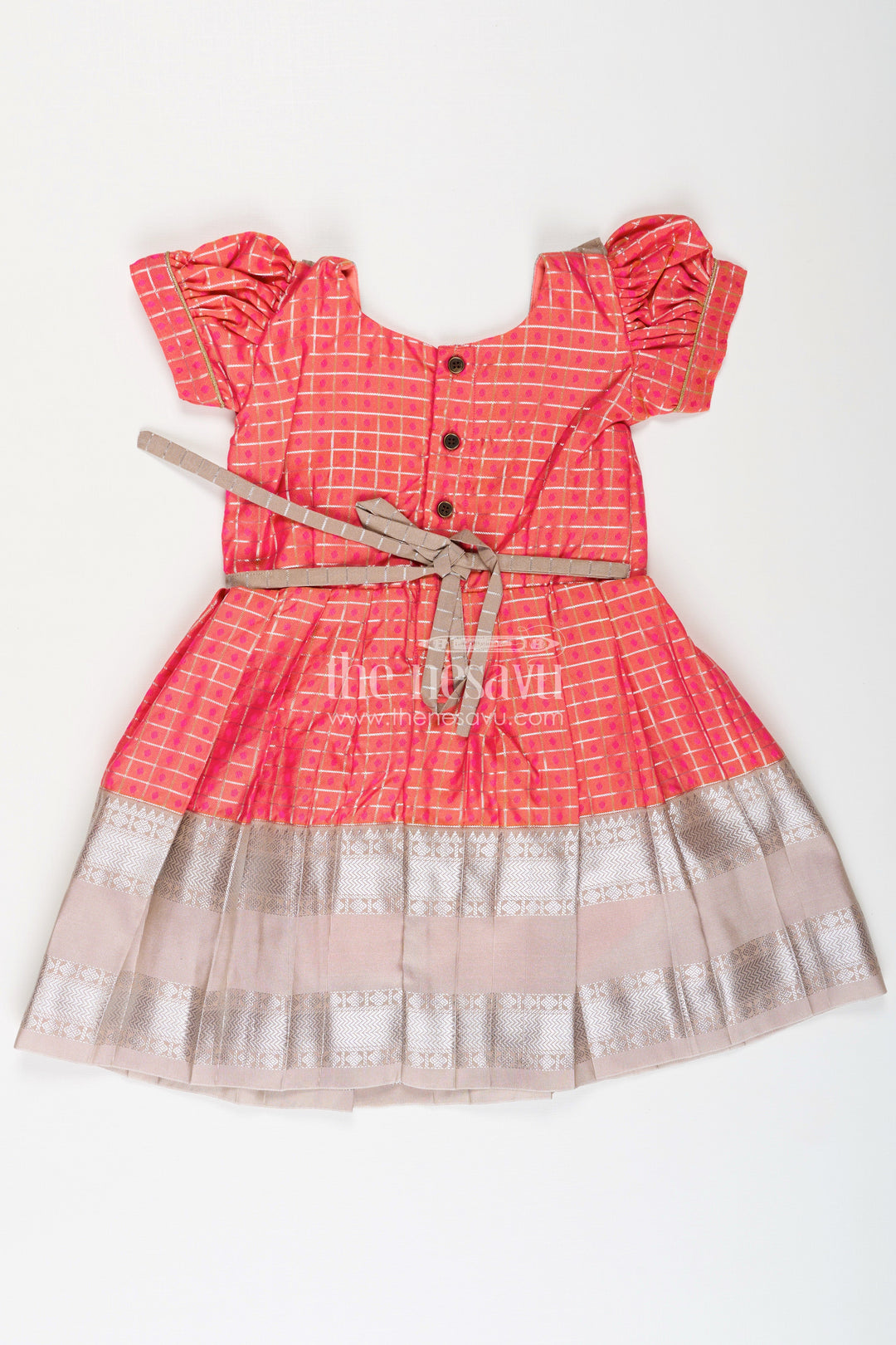 The Nesavu Girls Kanchi Silk Frock Archive -Girls Semi Kanchivaram Silk Frock with Puff Sleeves and Contrast Borders in new model pattu pavadai Design Nesavu Nesavu Girls Semi Kanchivaram Silk Frock Puff Sleeves new model pattu pavadai Traditional Style